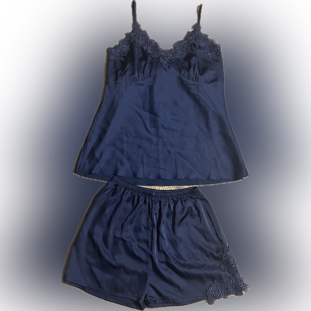 Cheibear Large Navy Blue Satin Sleepwear Set - Tank & Shorts